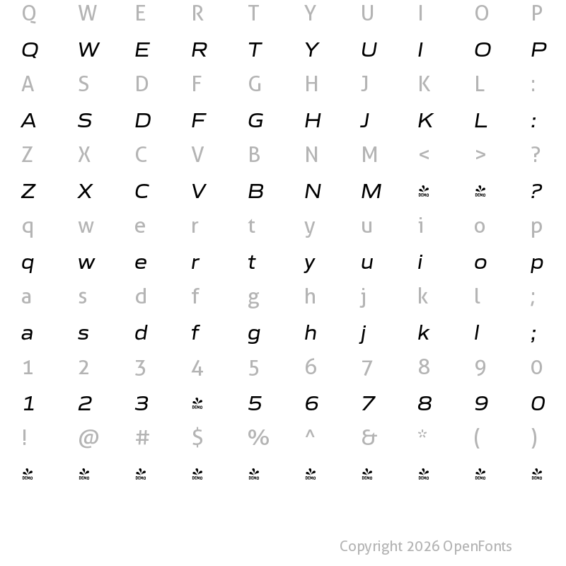 Character Map of FONTSPRING DEMO - Gomme Sans Italic