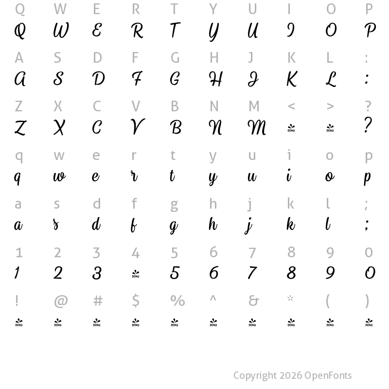 Character Map of FONTSPRING DEMO - Goodwater Brush Regular