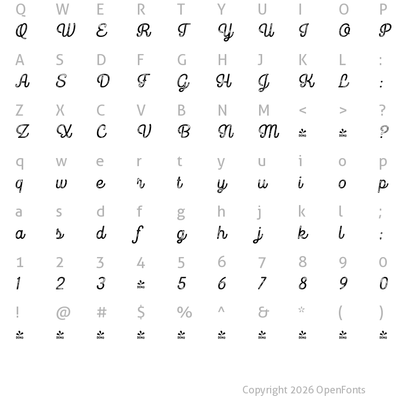 Character Map of FONTSPRING DEMO - Goodwater Print Script 2 Regular
