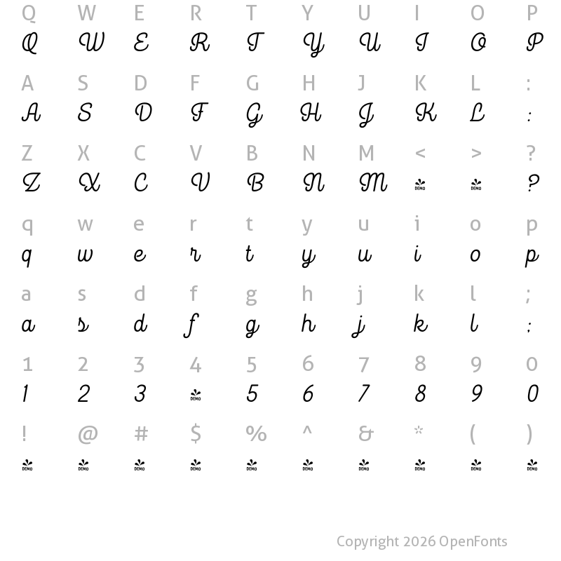 Character Map of FONTSPRING DEMO - Goodwater Script 1 Regular