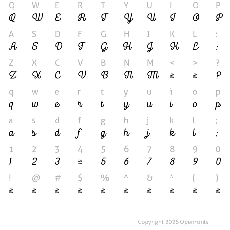Character Map of FONTSPRING DEMO - Goodwater Script 2 Regular