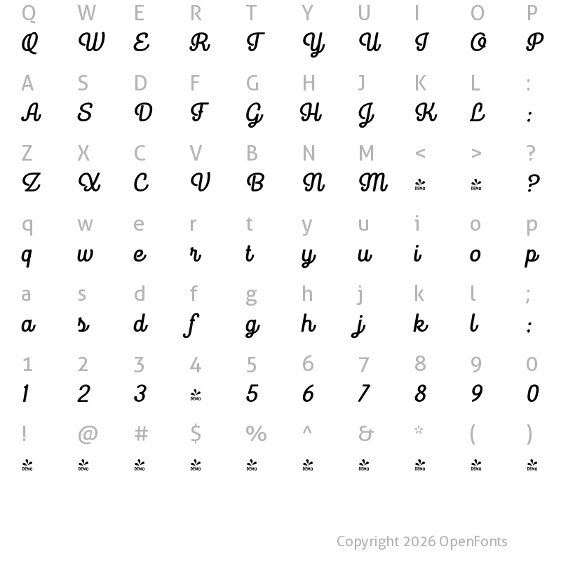 Character Map of FONTSPRING DEMO - Goodwater Script 3 Regular