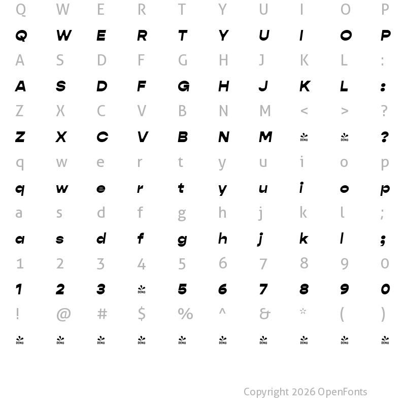 Character Map of FONTSPRING DEMO - Gopher Display Heavy Italic