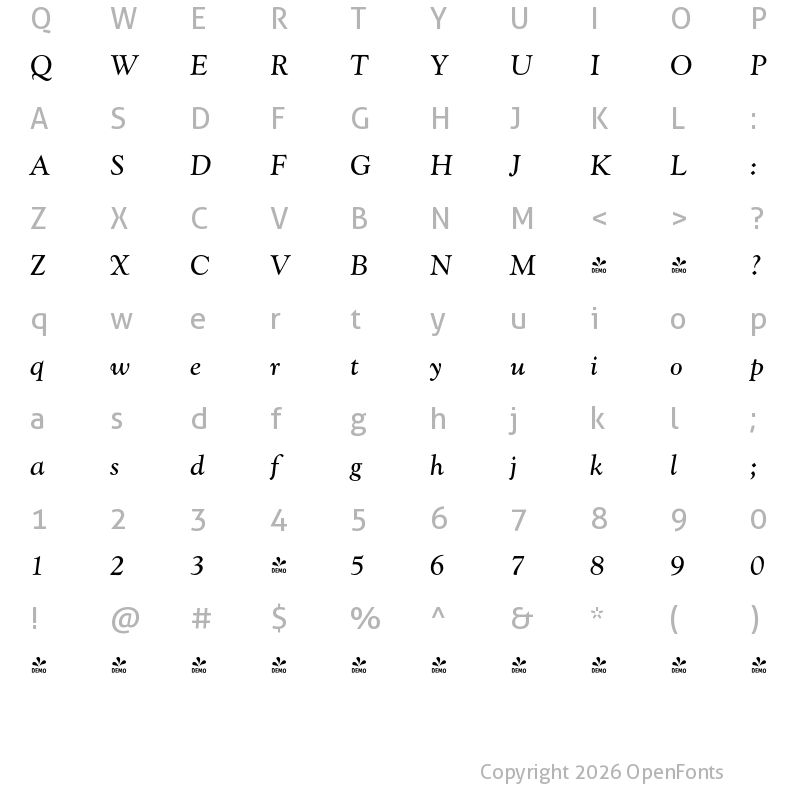 Character Map of FONTSPRING DEMO - Goudy Catalogue FS Italic