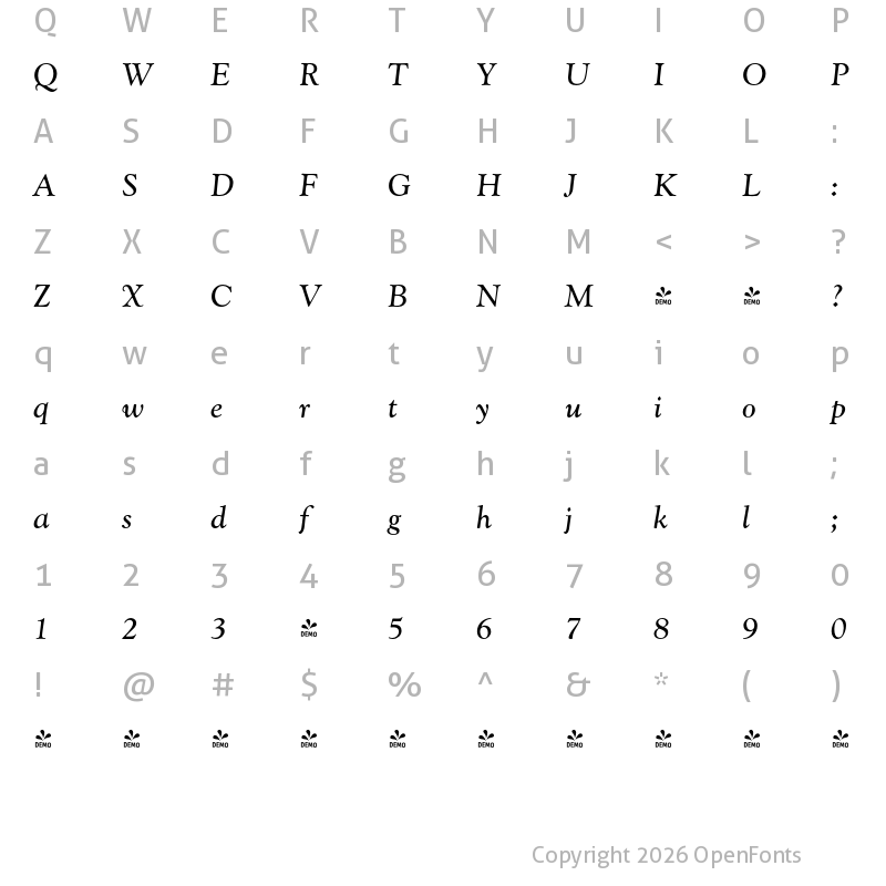 Character Map of FONTSPRING DEMO - Goudy Catalogue Pro Italic