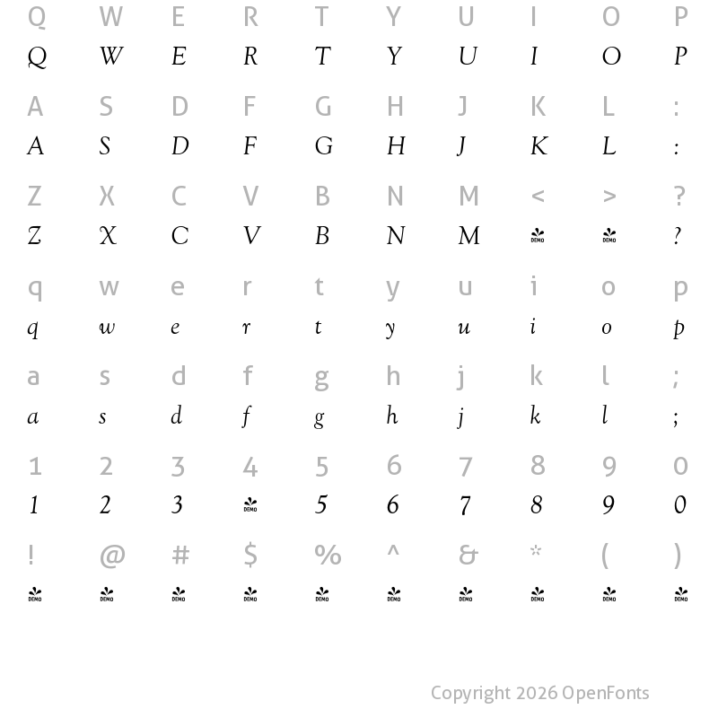 Character Map of FONTSPRING DEMO - Goudy Oldstyle FS Italic