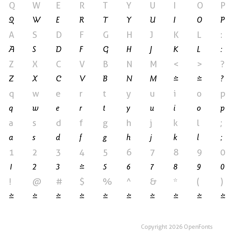 Character Map of FONTSPRING DEMO - Goudy Sans Pro Medium Italic