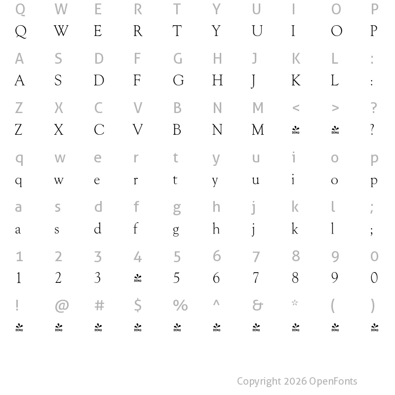 Character Map of FONTSPRING DEMO - Goudy Serial Light Regular