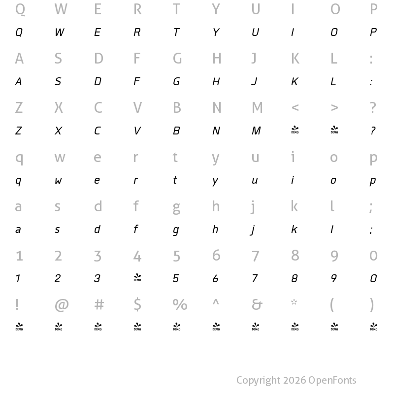 Character Map of FONTSPRING DEMO - Gram Oblique