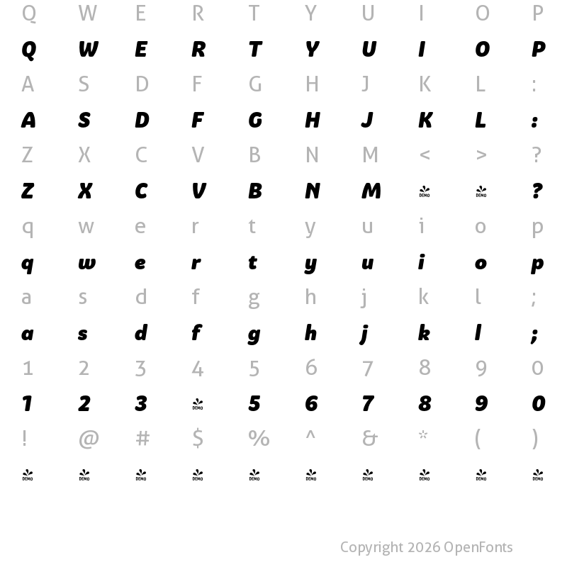 Character Map of FONTSPRING DEMO - Graviola Soft Black Italic