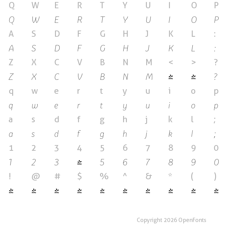 Character Map of FONTSPRING DEMO - Graviola Thin Italic