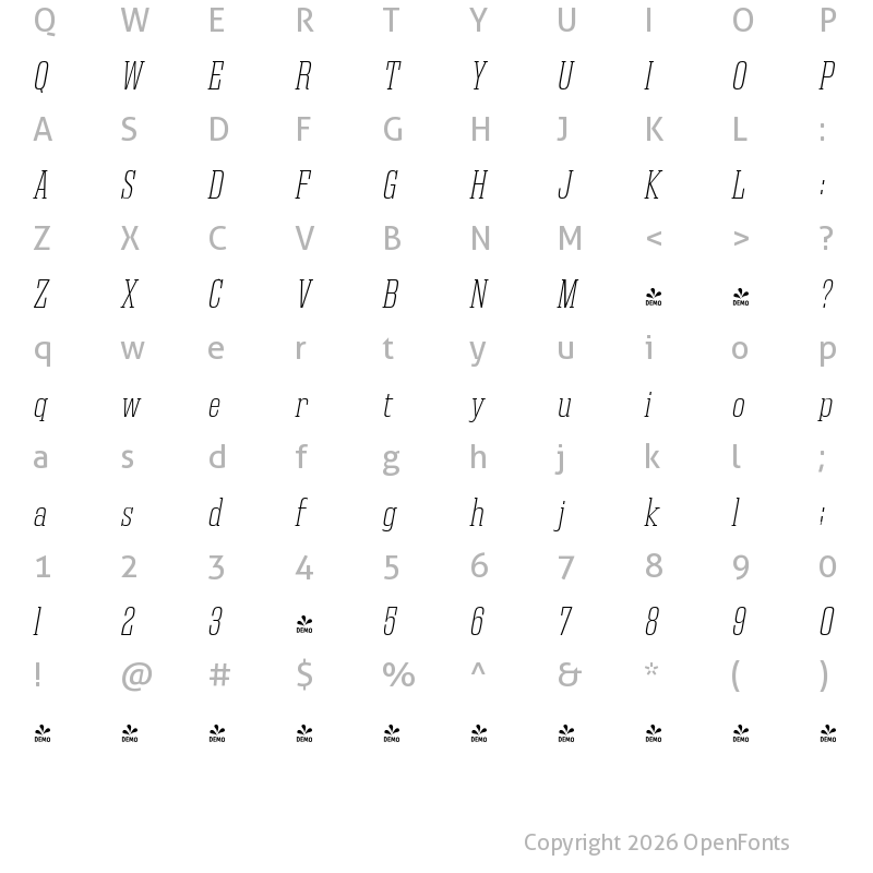 Character Map of FONTSPRING DEMO - Gravtrac Cd El Italic