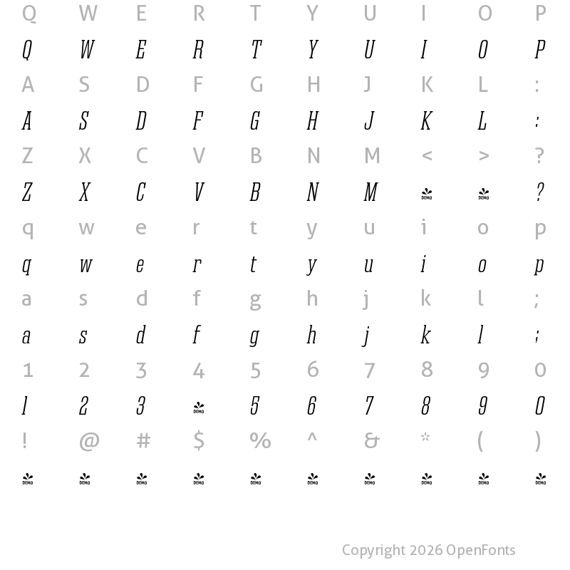 Character Map of FONTSPRING DEMO - Gravtrac Cd Lt Italic