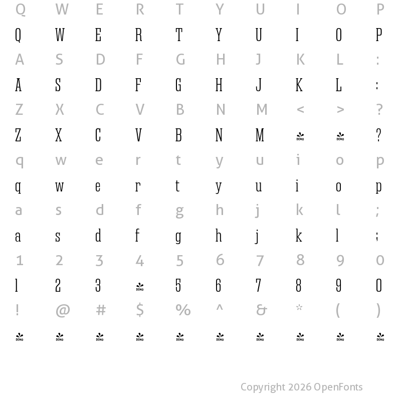 Character Map of FONTSPRING DEMO - Gravtrac Cd Lt Regular