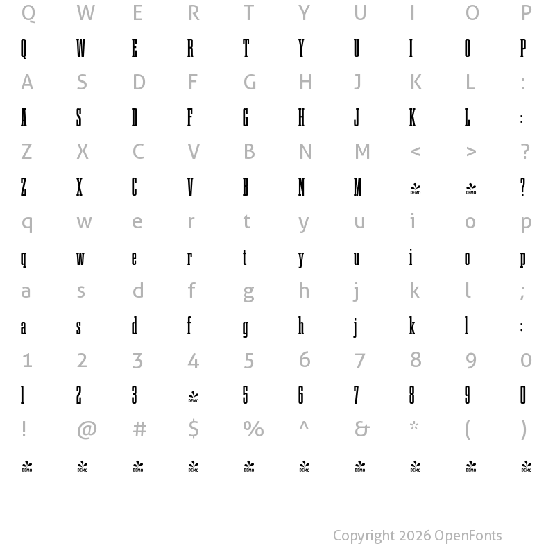 Character Map of FONTSPRING DEMO - Gravtrac Cm Rg Bold