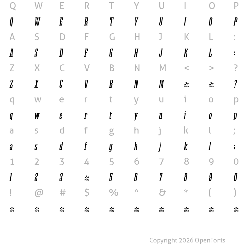 Character Map of FONTSPRING DEMO - Gravtrac Cp Sb Italic