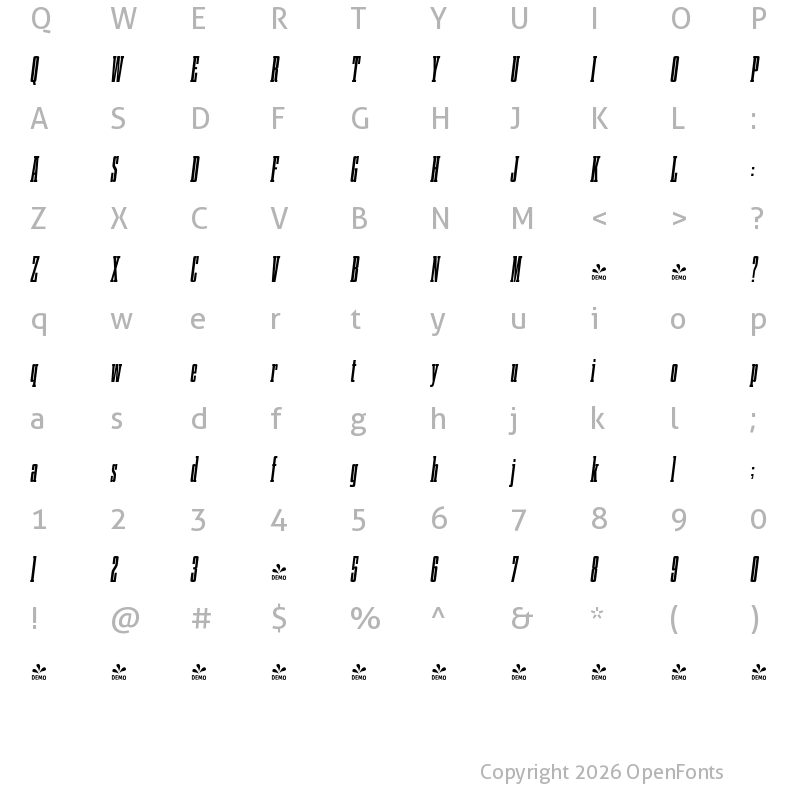 Character Map of FONTSPRING DEMO - Gravtrac Cr Hv Italic