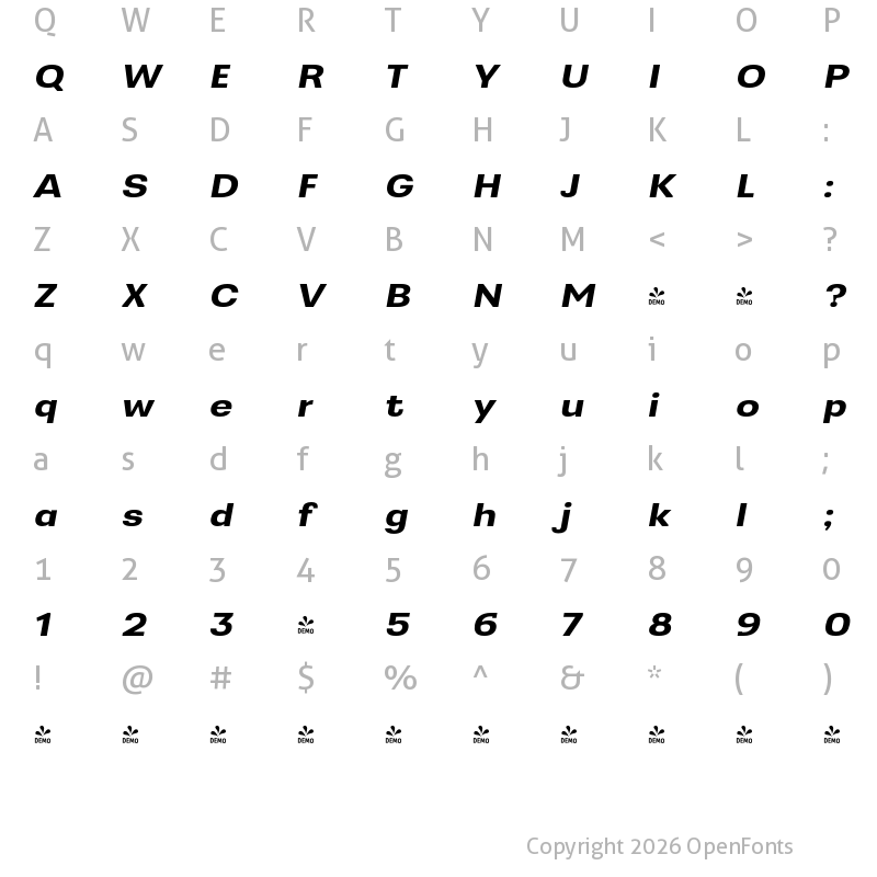 Character Map of FONTSPRING DEMO - Greater Neue Exp SemBd Italic