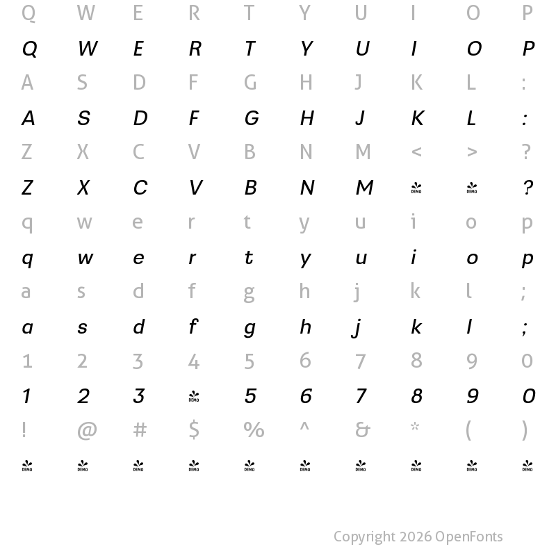 Character Map of FONTSPRING DEMO - Greater Neue News Italic