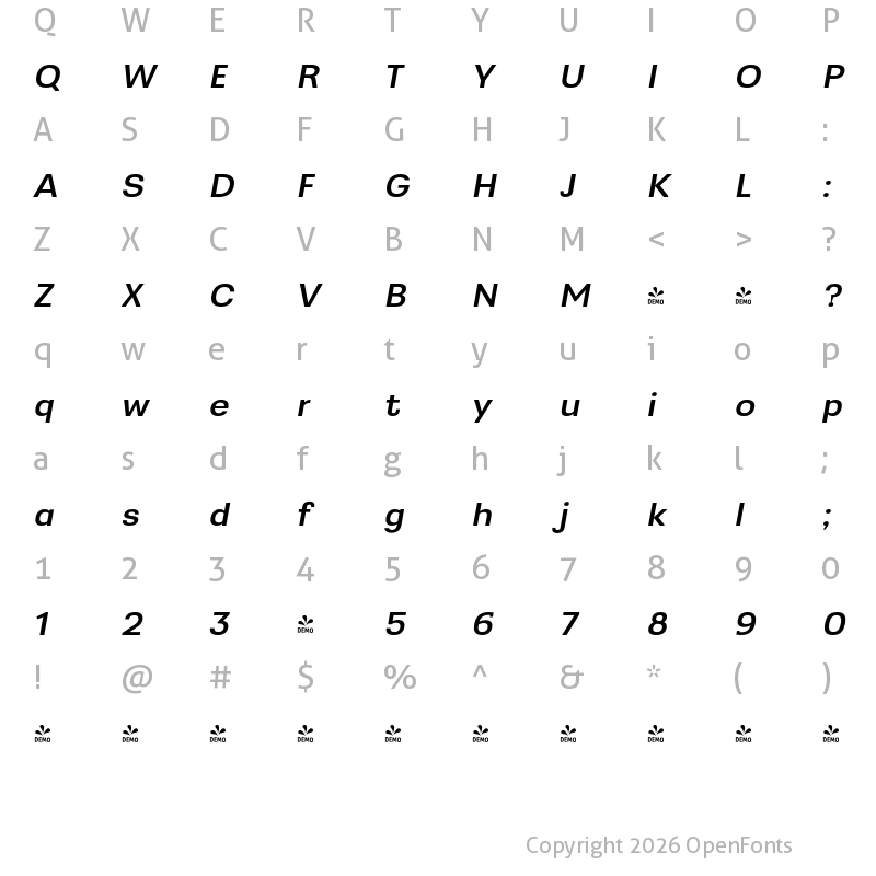 Character Map of FONTSPRING DEMO - Greater Neue Wide Med Italic