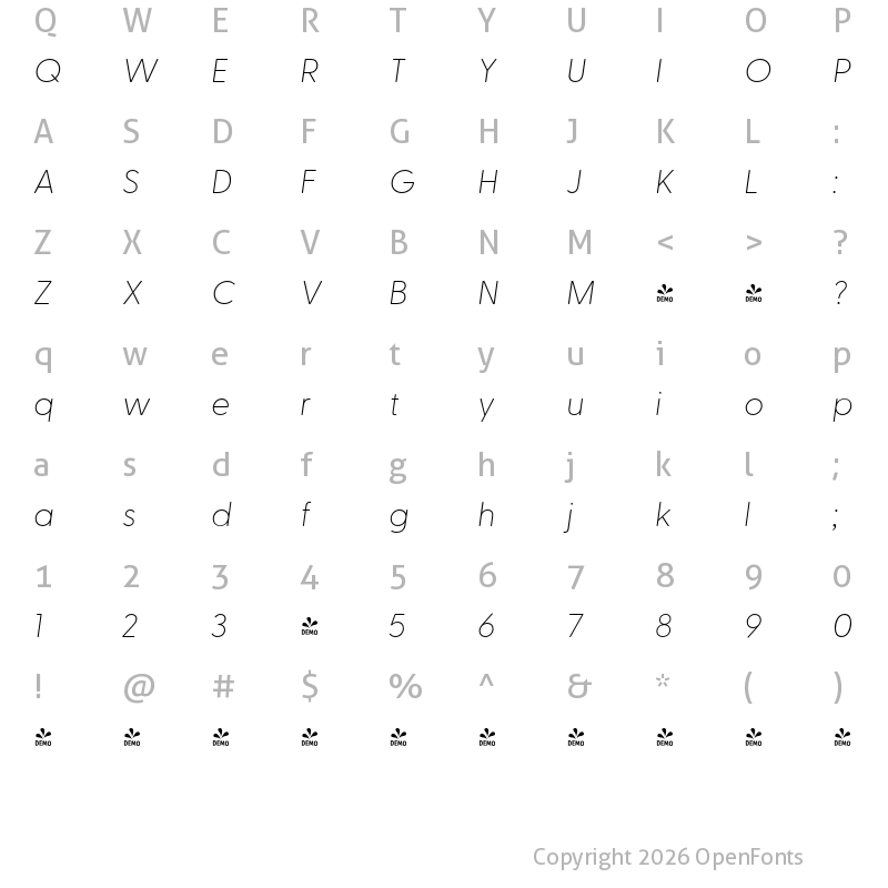 Character Map of FONTSPRING DEMO - Greycliff CF Thin Italic