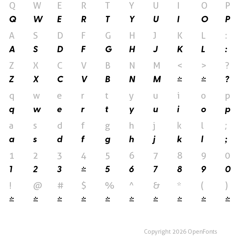 Character Map of FONTSPRING DEMO - Greycliff Thai CF Bold Italic