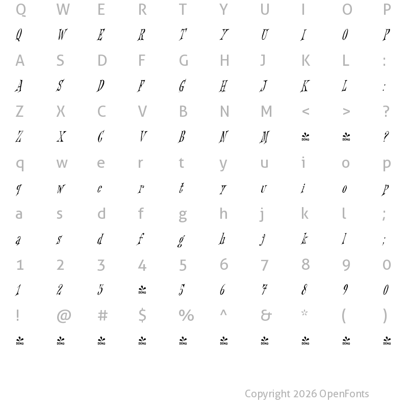 Character Map of FONTSPRING DEMO - Griezelig Italic
