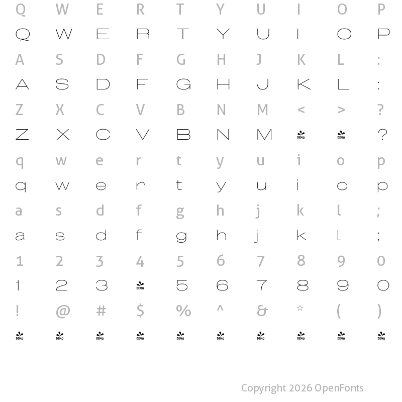 Character Map of FONTSPRING DEMO - Grillmaster Expanded Thin Regular