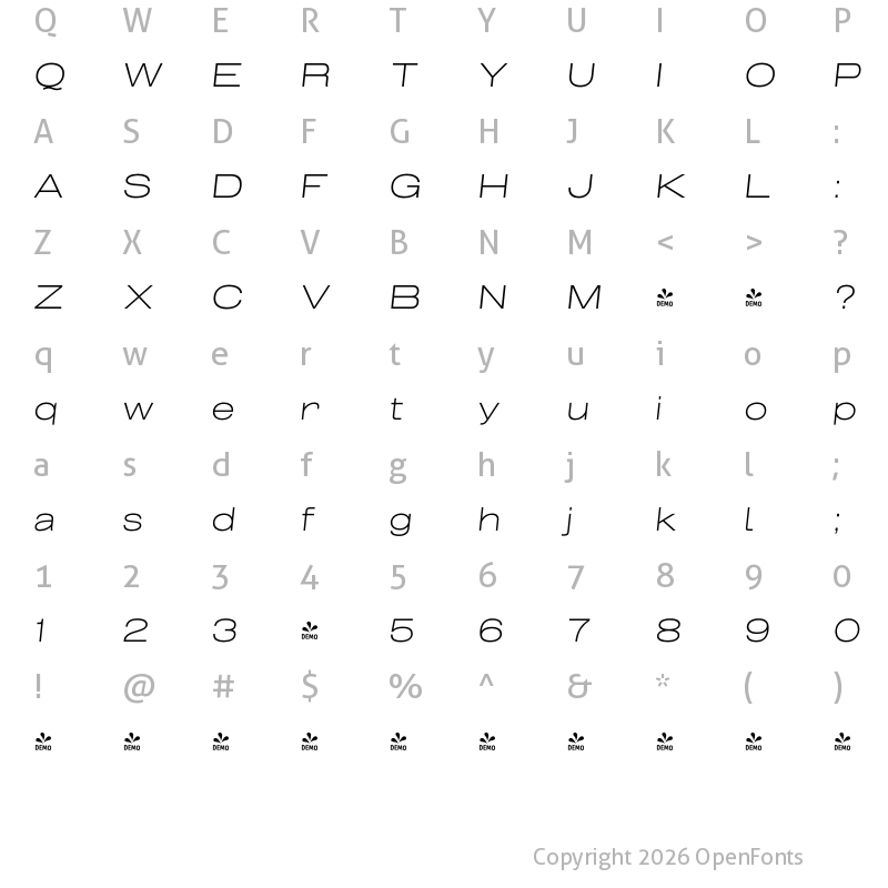 Character Map of FONTSPRING DEMO - Grillmaster Extended ExtLt Italic