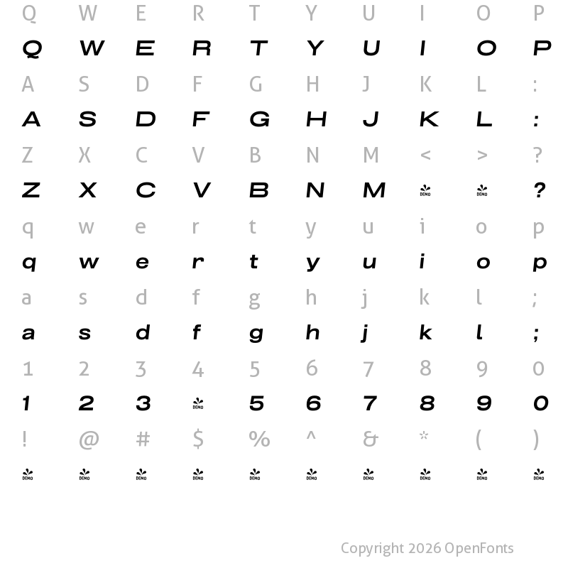 Character Map of FONTSPRING DEMO - Grillmaster ExtWide Bold Italic