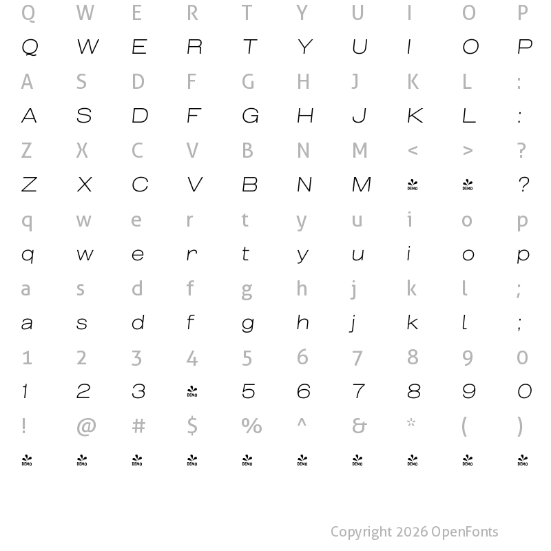 Character Map of FONTSPRING DEMO - Grillmaster ExtWide ExtLt Italic