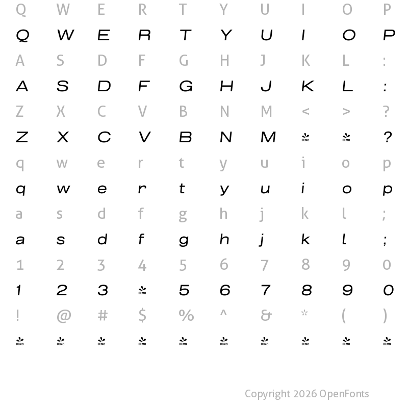 Character Map of FONTSPRING DEMO - Grillmaster ExtWide Italic
