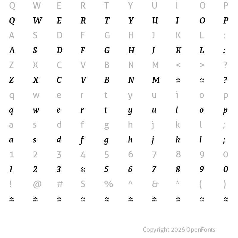 Character Map of FONTSPRING DEMO - Grimmig Semibold Italic