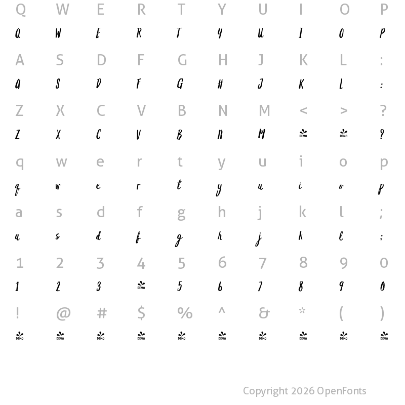 Character Map of FONTSPRING DEMO - Grimpt Brush Alt Rust Regular
