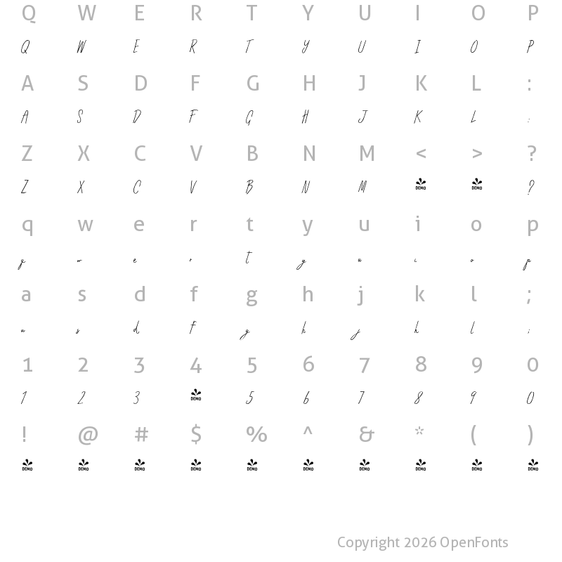 Character Map of FONTSPRING DEMO - Grimpt Script Rust Regular