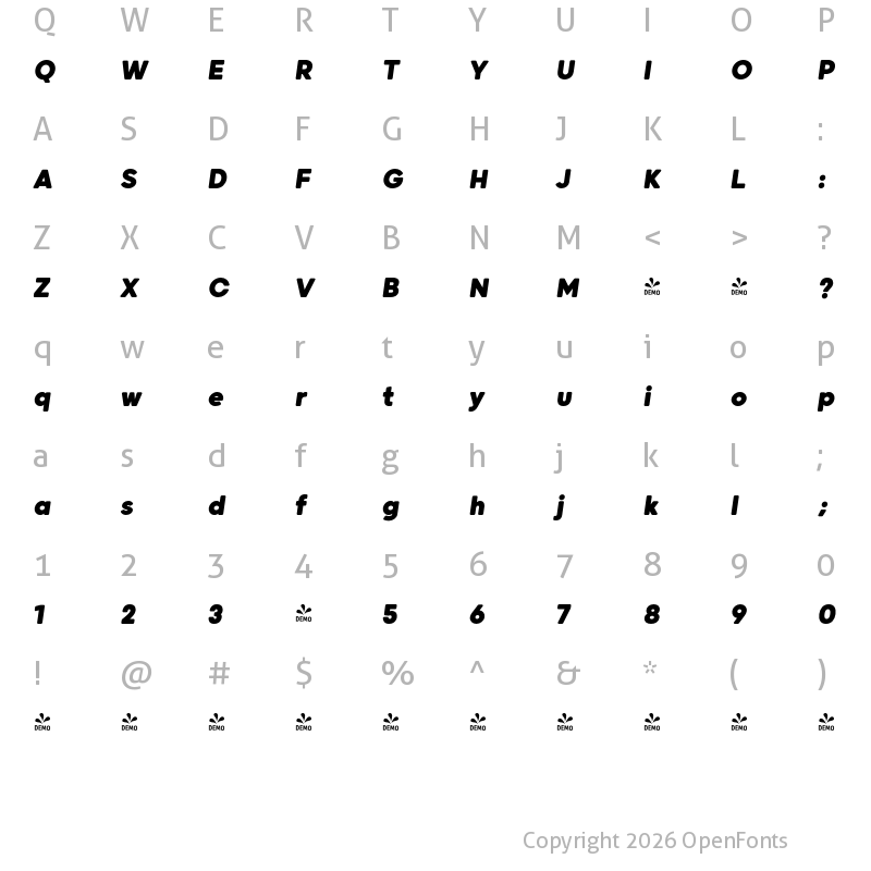 Character Map of FONTSPRING DEMO - Grold Rounded Black Italic