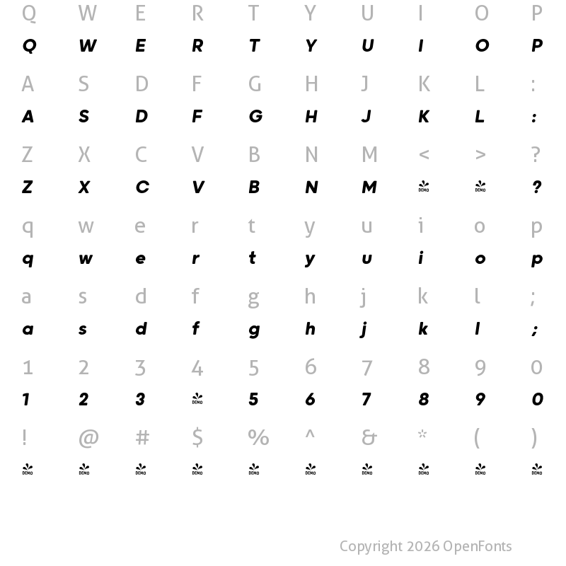 Character Map of FONTSPRING DEMO - Grold Rounded Bold Italic