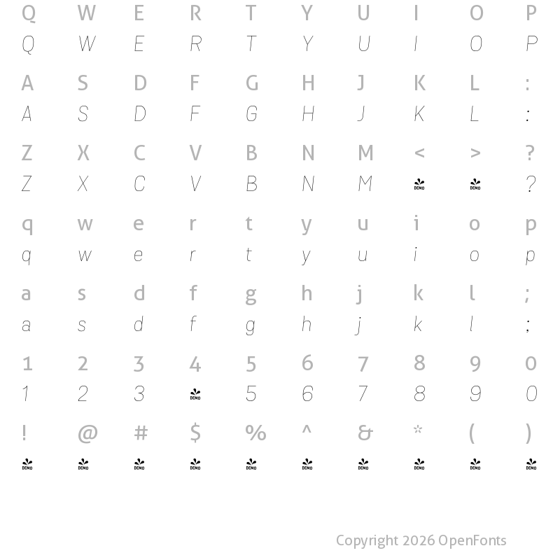 Character Map of FONTSPRING DEMO - Grota Sans Alt Rd Thin Italic