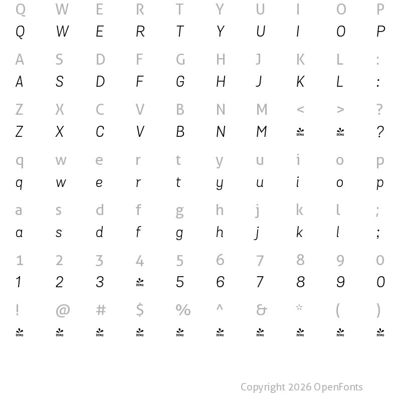 Character Map of FONTSPRING DEMO - Grota Sans Book Italic