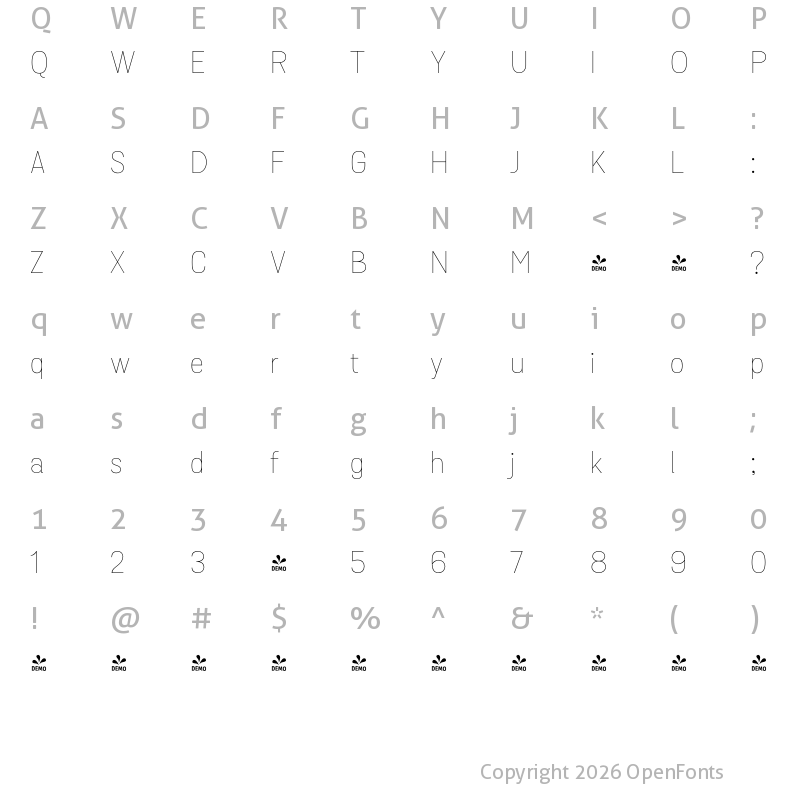 Character Map of FONTSPRING DEMO - Grota Sans Thin Thin