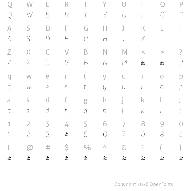 Character Map of FONTSPRING DEMO - Grota Sans Thin Thin Italic