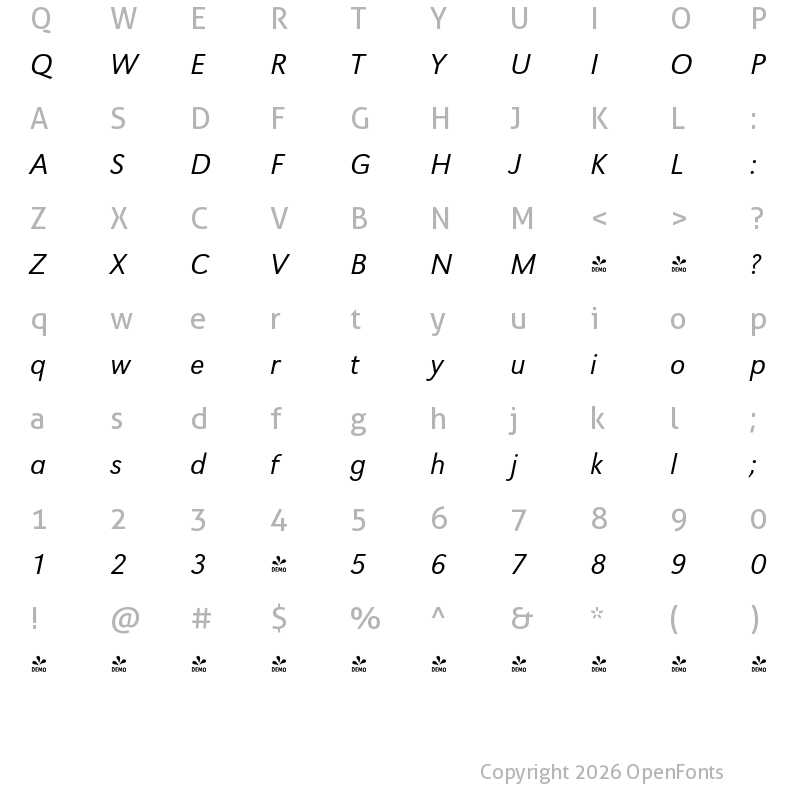 Character Map of FONTSPRING DEMO - Grotesk FS Light Italic