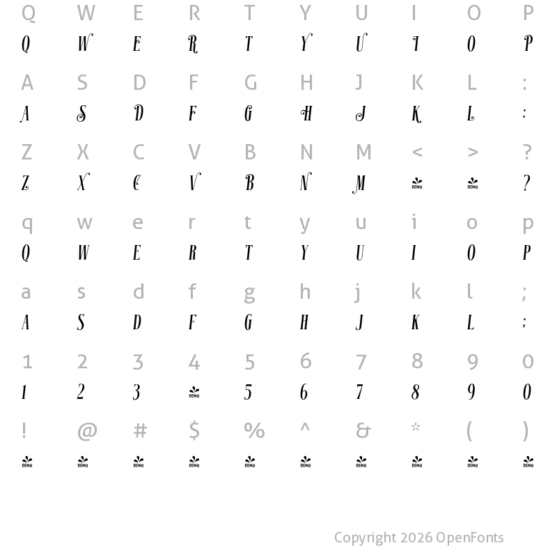 Character Map of FONTSPRING DEMO - Gruesome Slant Regular