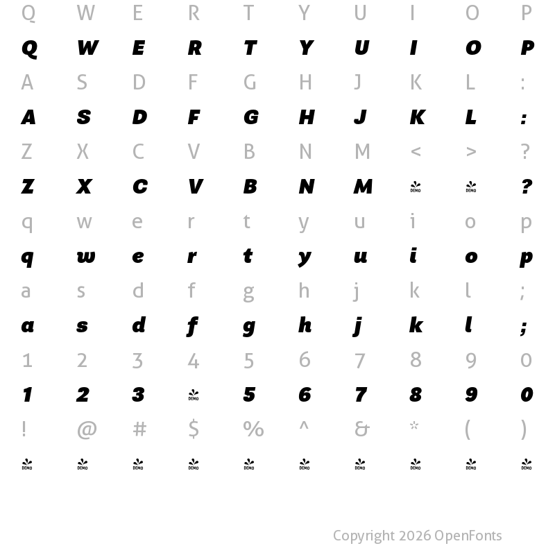 Character Map of FONTSPRING DEMO - Guanabara Sans Black Italic