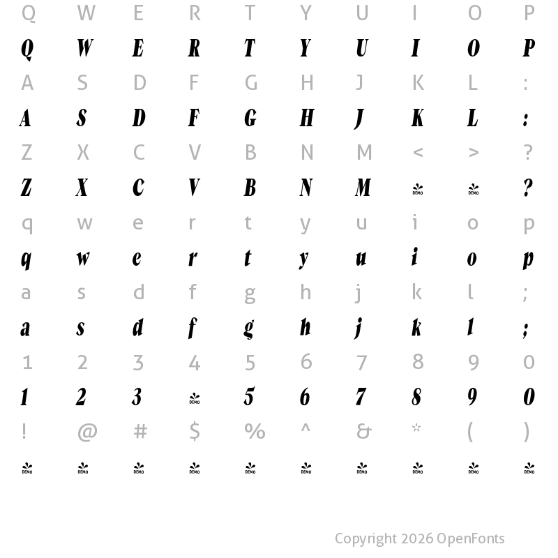 Character Map of FONTSPRING DEMO - Guau Bold Condensed Italic Regular