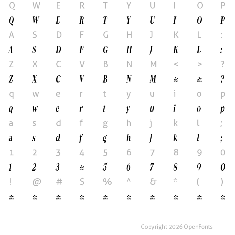 Character Map of FONTSPRING DEMO - Guau Condensed Italic Regular