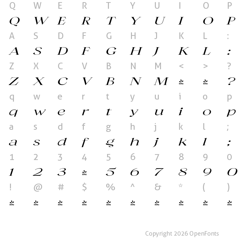 Character Map of FONTSPRING DEMO - Guau Light Expanded Italic Regular