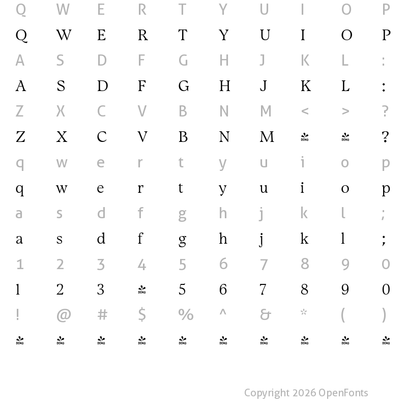 Character Map of FONTSPRING DEMO - Gwen Text Book Regular