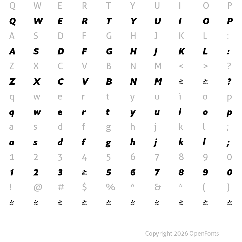 Character Map of FONTSPRING DEMO - Halifax ExtraBold Italic