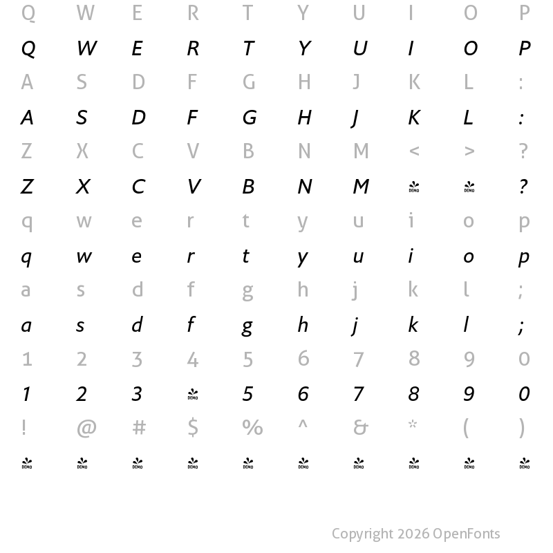 Character Map of FONTSPRING DEMO - Halifax Italic